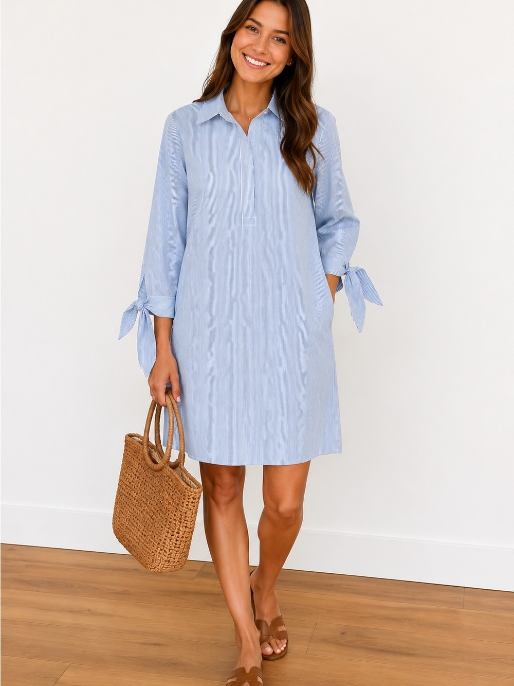Lafayette 148 Blue White Pinstripe Tie Sleeve Shirt Dress Small